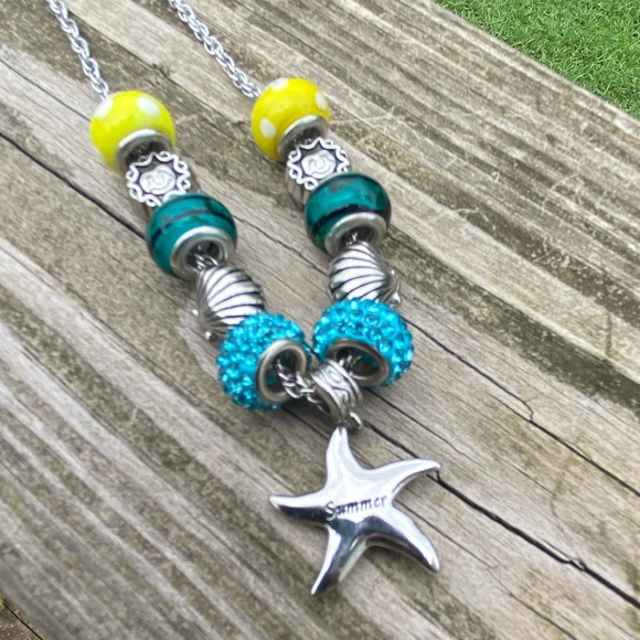 Starfish Summer crystal charm bead necklace sea shell Sun beads blue yellow - Picture 4 of 6